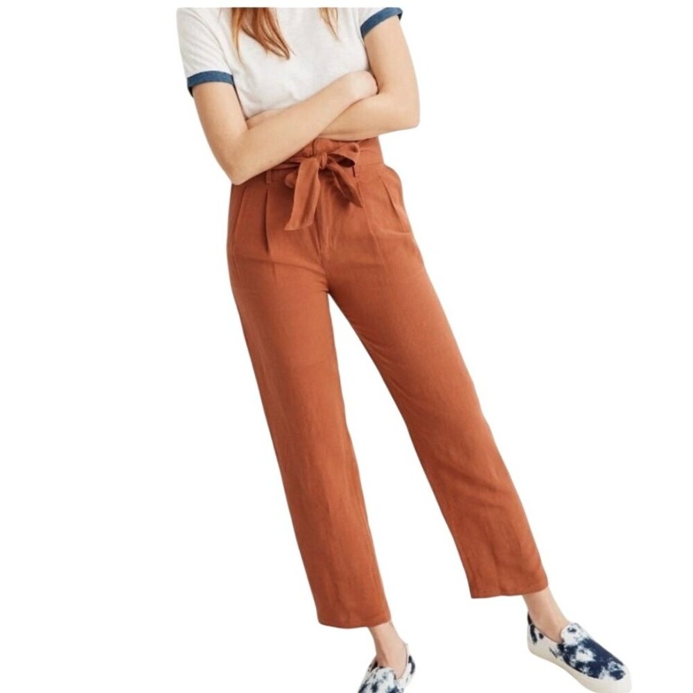 Madewell Womens Linen-Blend Paperbag Pants Trousers Relaxed Fit Cropped Length 8